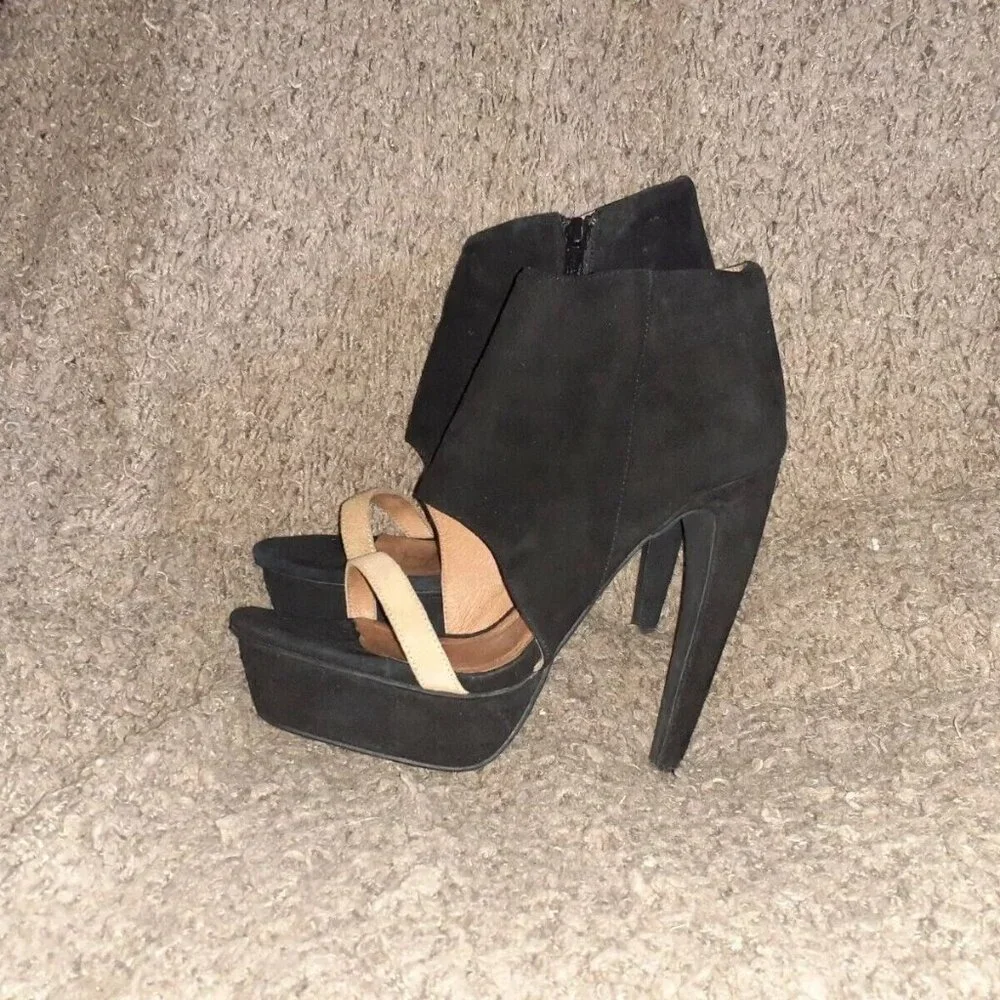 JEFFREY CAMPBELL-Black Suede/Tan Strap-Curved Stiletto-Open Toe Bootie-Zip-Sz 37 - Picture 2 of 7